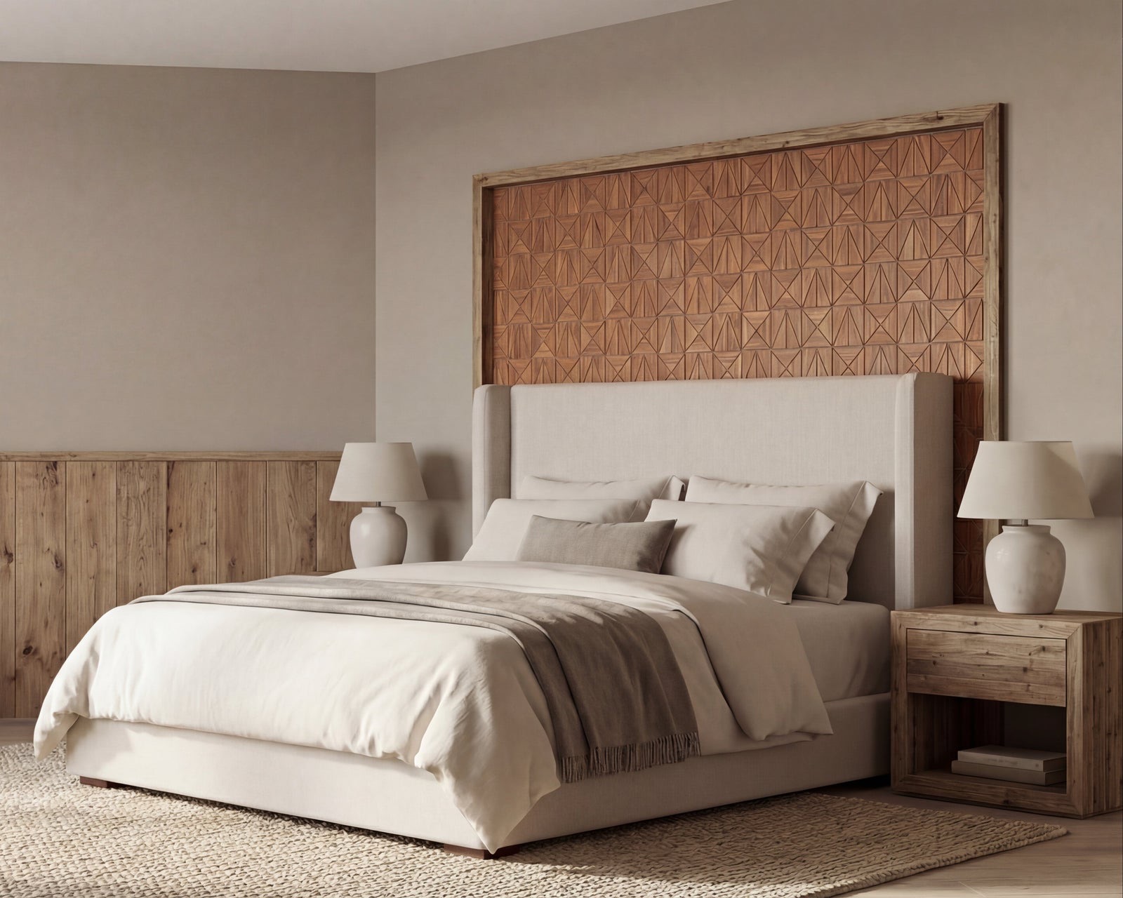Bedroom with a carved geometric teak tile panel behind the headboard