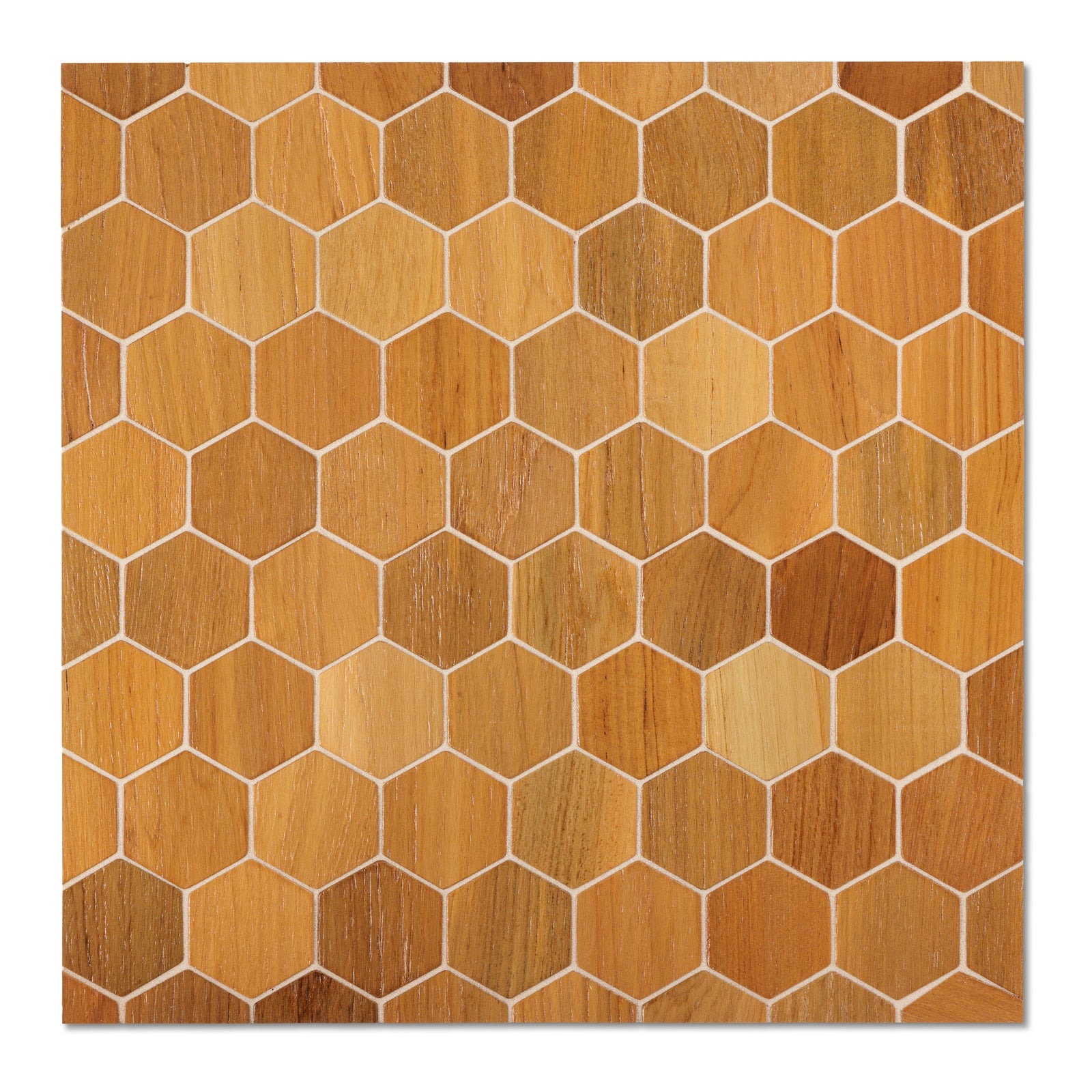 Hexagon mosaic tile in mixed honey and amber reclaimed teak