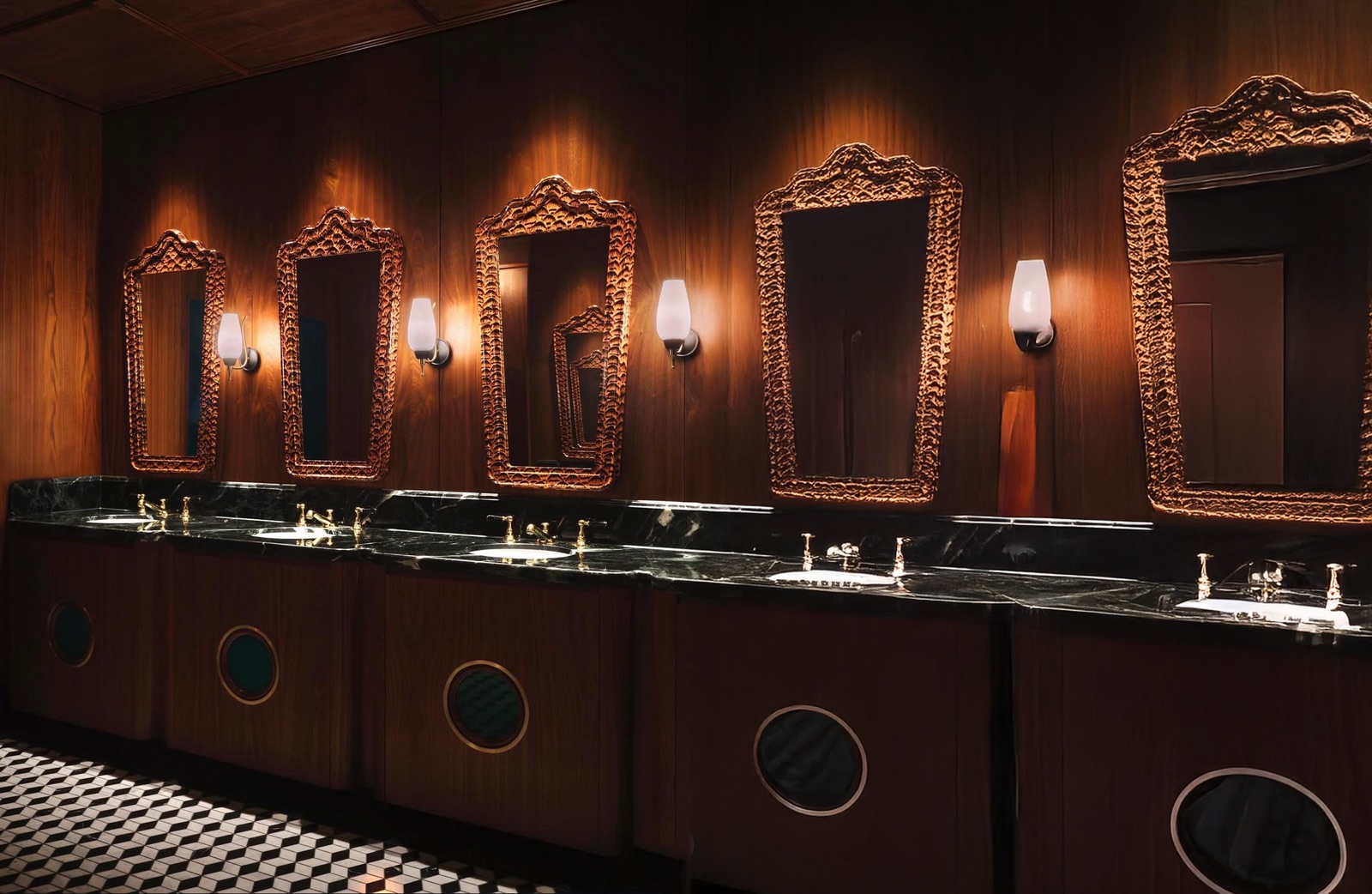 A long row of ornate framed mirrors above a dark marble vanity in a wood-paneled restroom